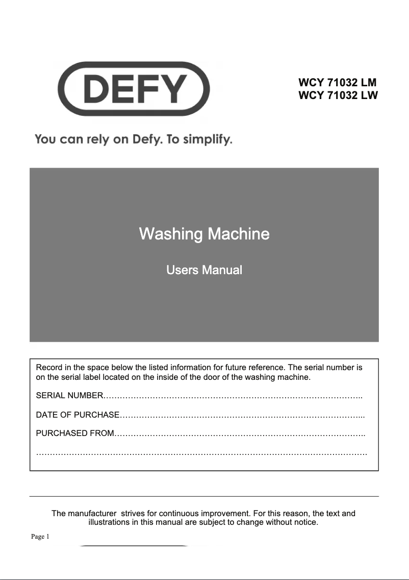 First page image of the manual for WCY 71032 LM