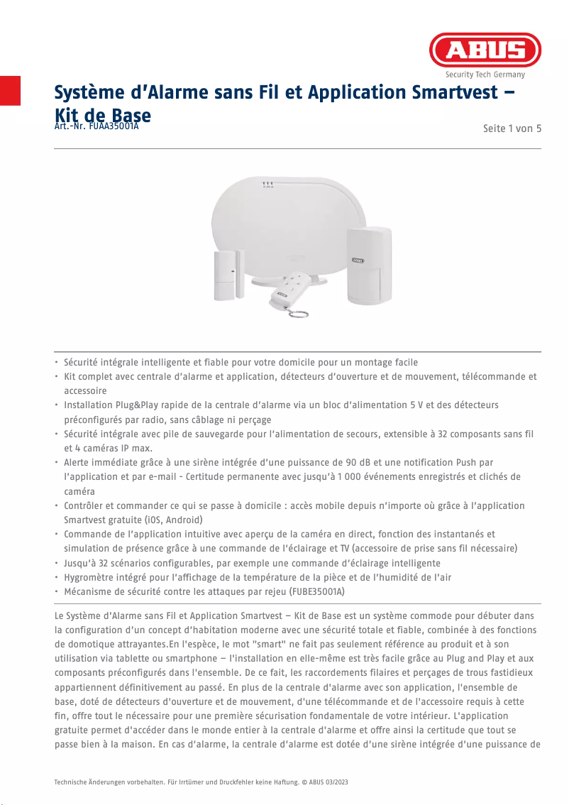 Page 1 of the manual Technical Sheet Abus FUAA35001A