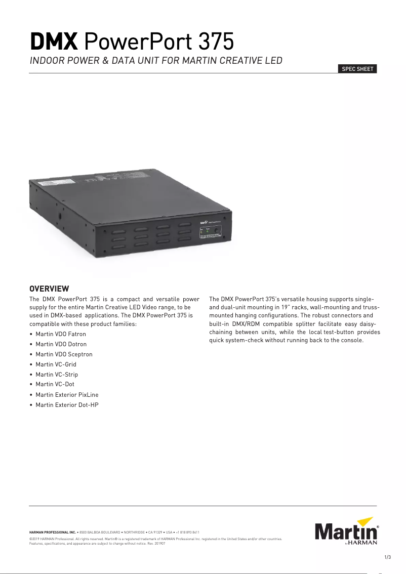 Page 1 of the manual Technical Sheet Martin DMX PowerPort 375