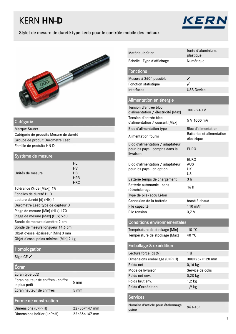 Page 1 of the manual Technical Sheet Kern HN-D