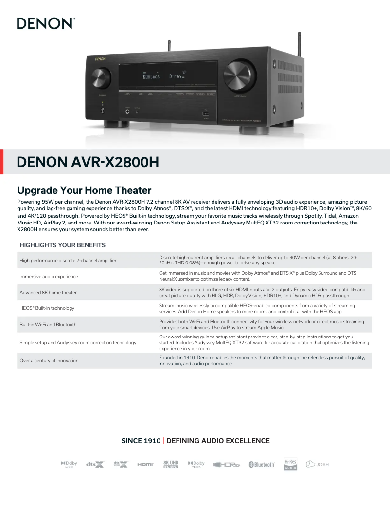 Page 1 de la notice Fiche technique Denon AVR-X2800H