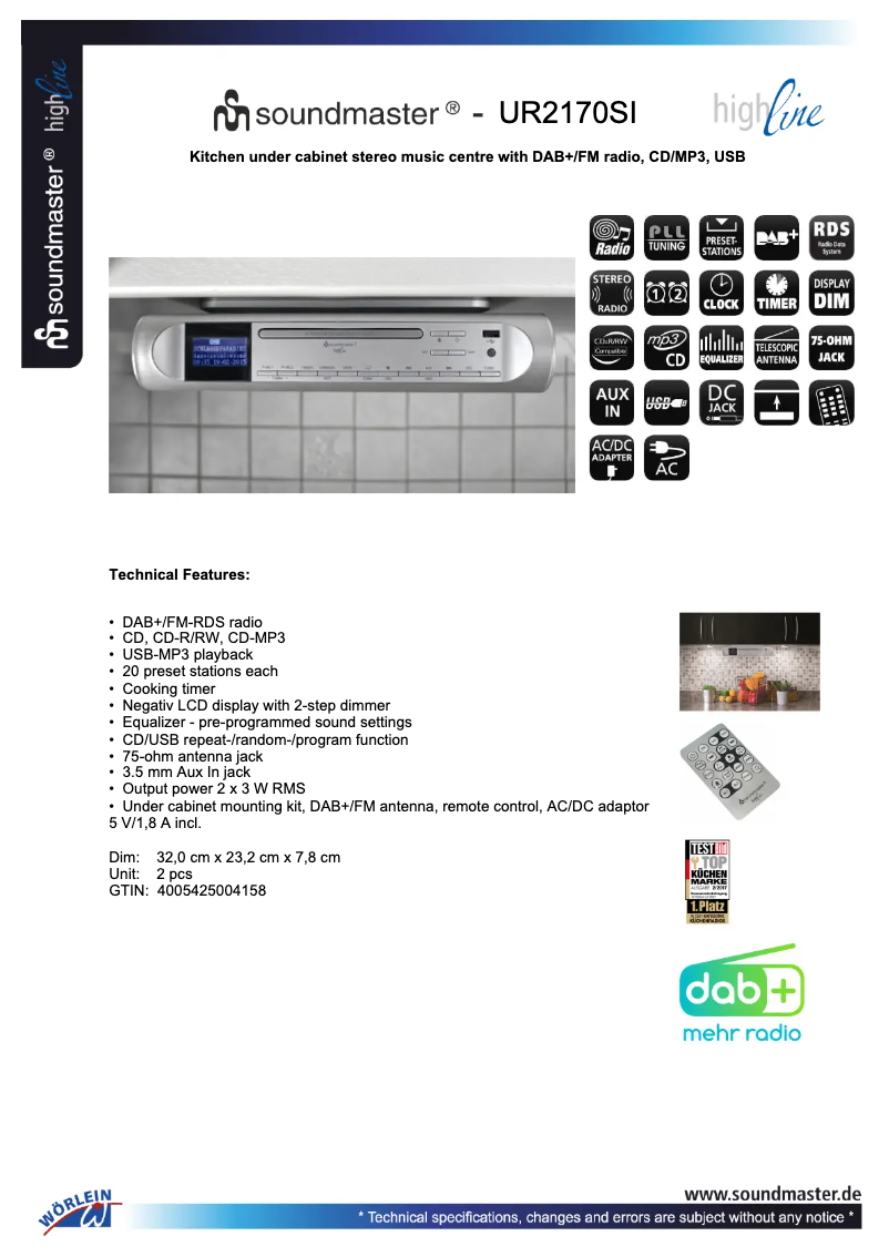 Page 1 of the manual Technical Sheet Soundmaster UR2170