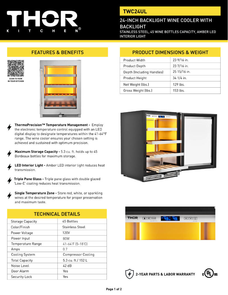 Page 1 of the manual Technical Sheet Thor TWC24UL