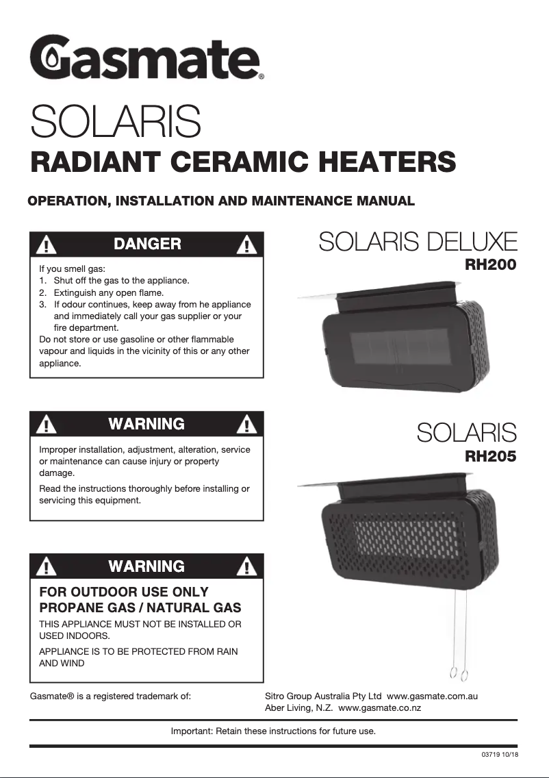 Page 1 of the manual User Manual Gasmate Solaris RH205