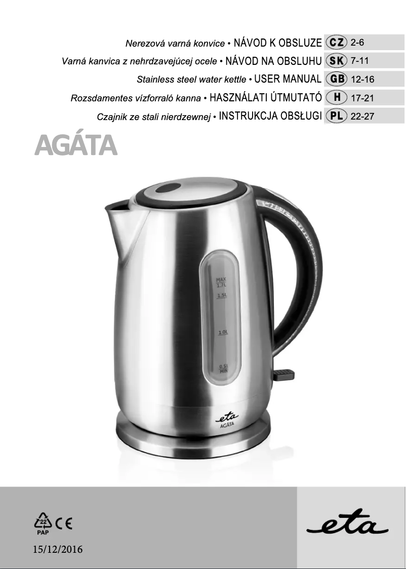First page image of the manual for Agáta 4598 90000