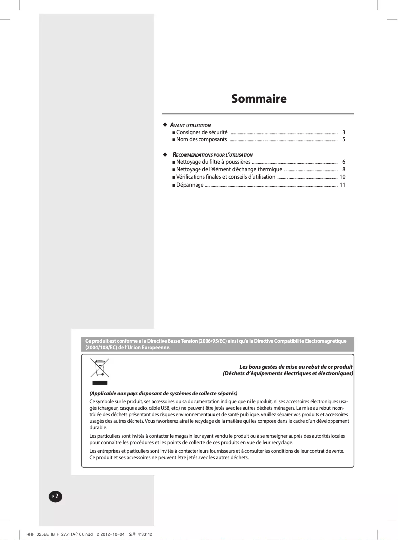 Page 1 of the manual User Manual Samsung RHF050EE