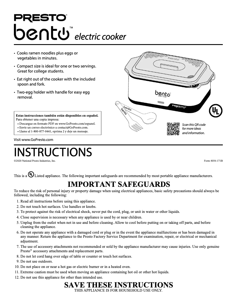 Page 1 de la notice Manuel utilisateur Presto Bento 04634