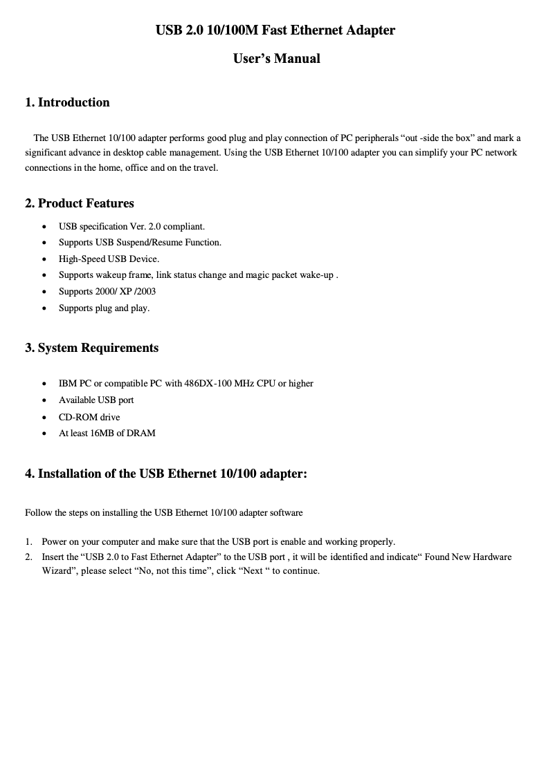 Page 1 of the manual User Manual Digitus Fast Ethernet USB 2.0
