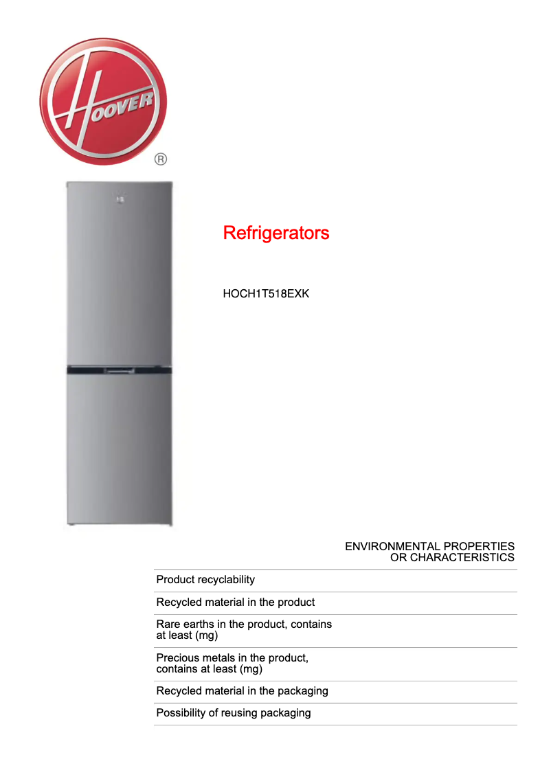 Page 1 of the manual Technical Sheet Hoover HOCH1T518EXK