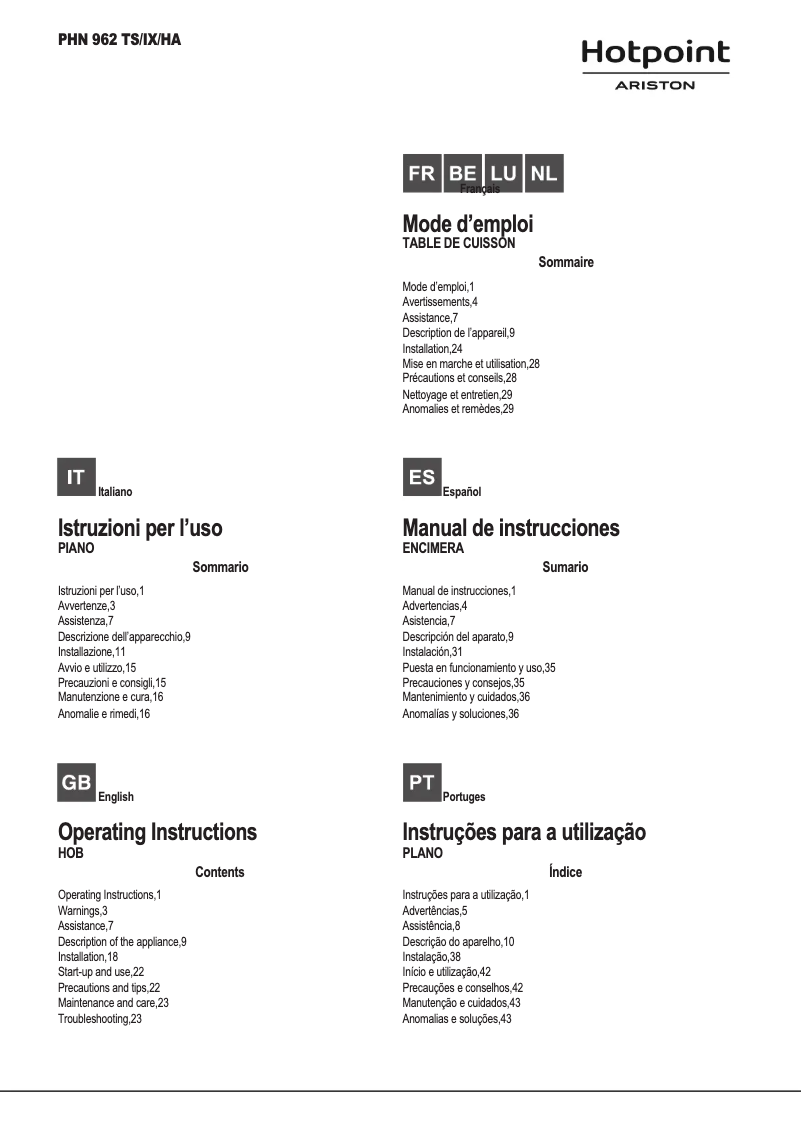First page image of the manual for PHN 962 TS/IX/HA