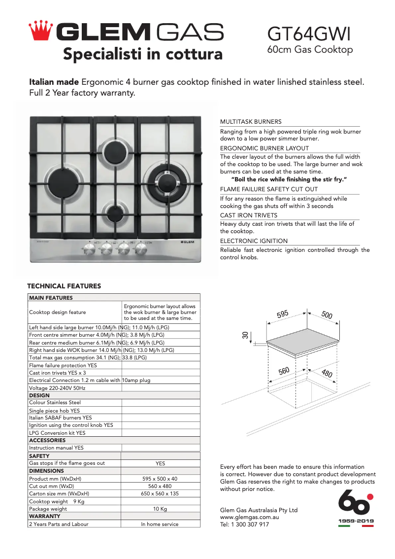 Page 1 of the manual Technical Sheet Glem Gas GT64GWI