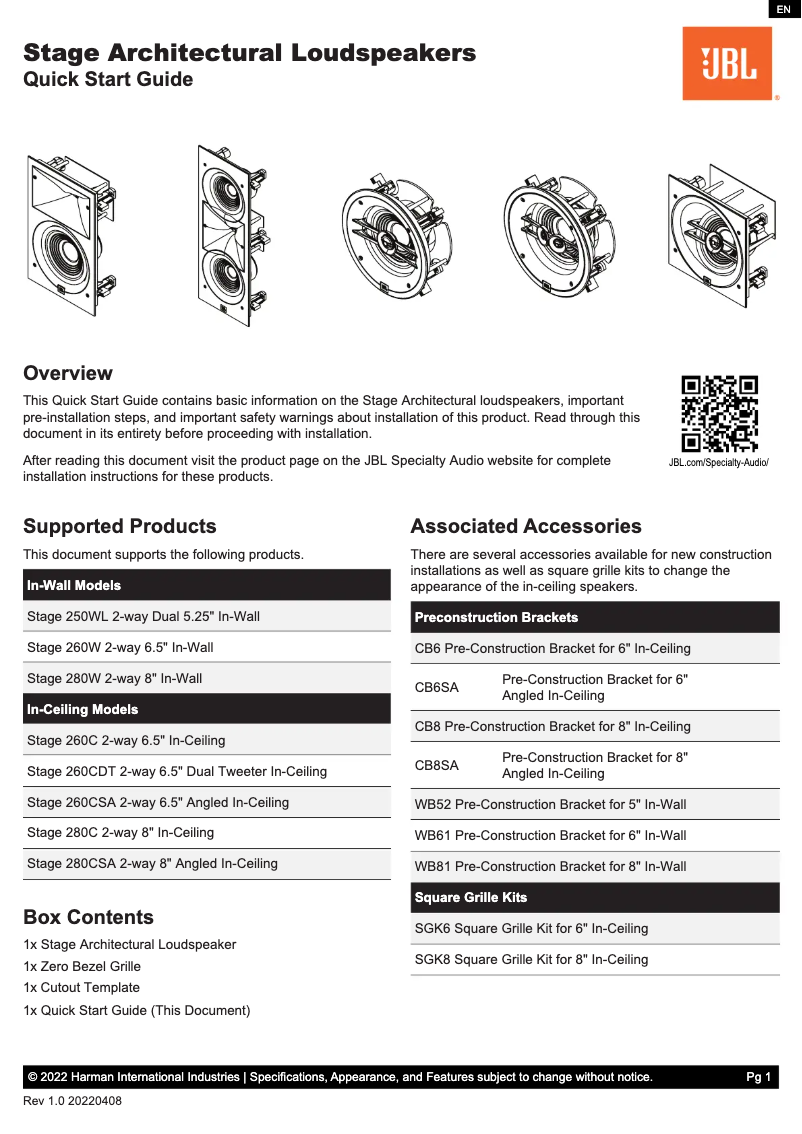 Page 1 of the manual Quick Start Guide JBL Stage 250WL