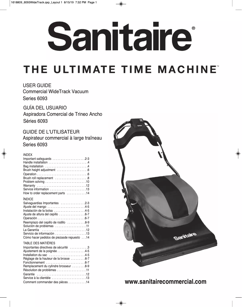 Page 1 of the manual User Manual Sanitaire SPAN Wide Track SC6093A