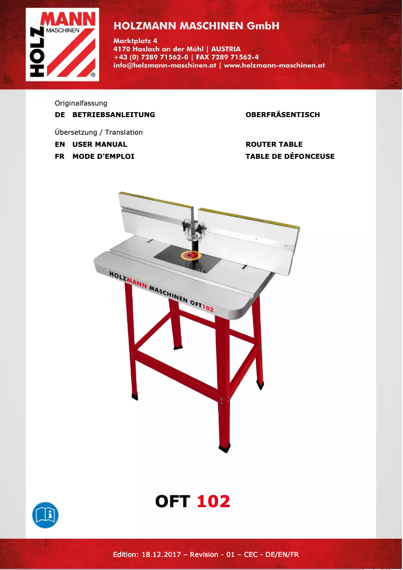 First page image of the manual for OFT102