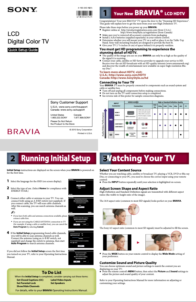 Page 1 of the manual Installation Guide Sony Bravia KDL-32BX300