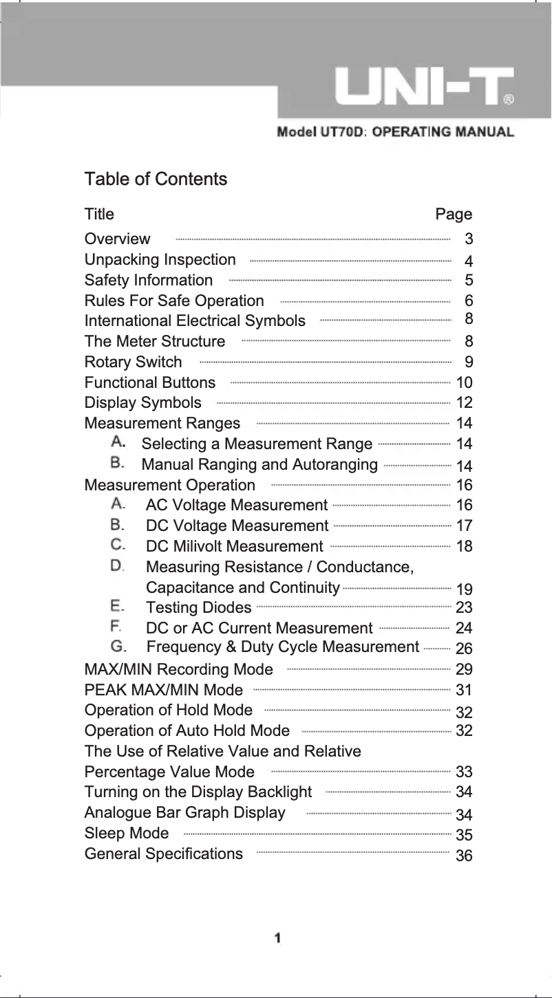 Image de la première page du manuel de l'appareil UT70D