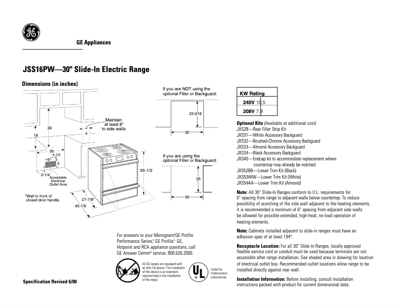 Page 1 of the manual Technical Sheet GE JSS16PWWH