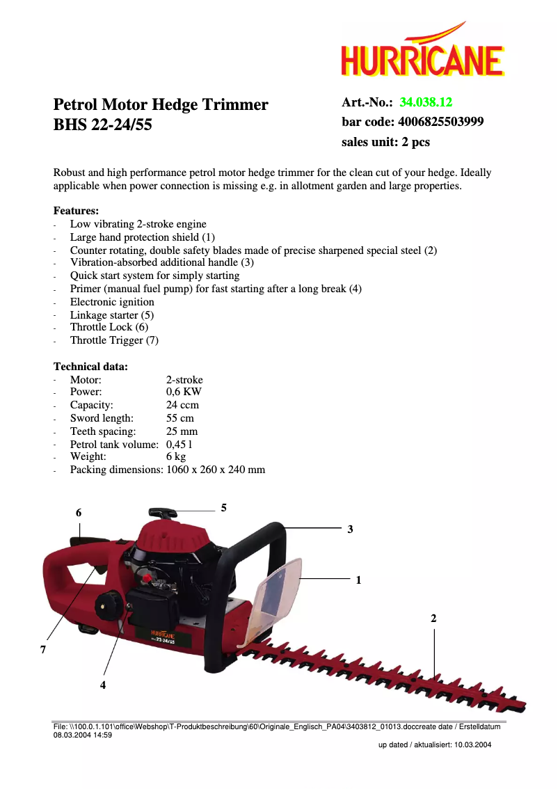 Page 1 of the manual Technical Sheet Hurricane BHS 22-24/55