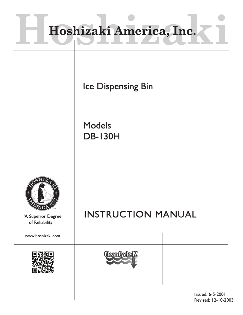 Page 1 of the manual User Manual Hoshizaki DB-130H
