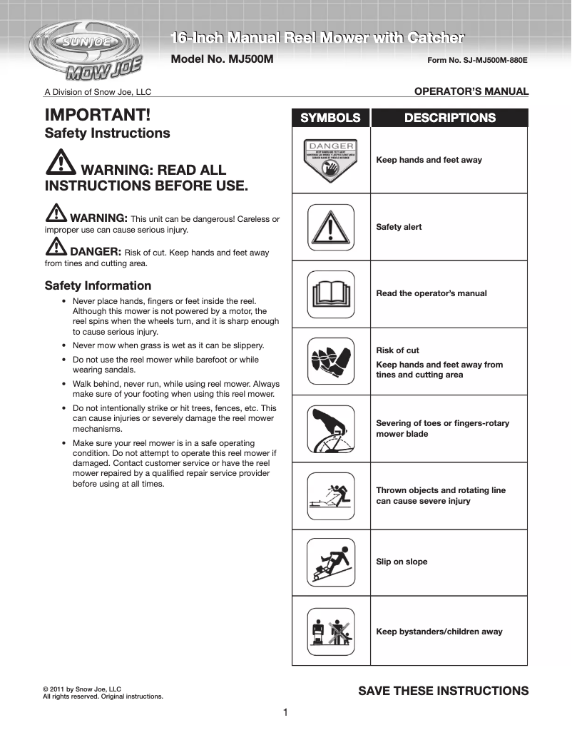 Page 1 of the manual User Manual Snow Joe Sun Joe MJ500M