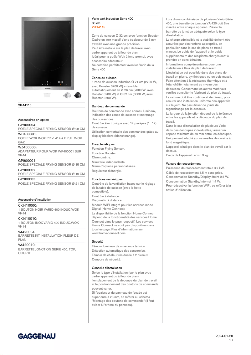 Page 1 of the manual Technical Sheet Gaggenau VI414115