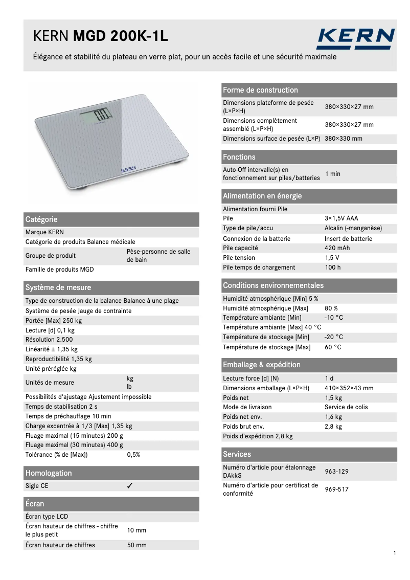 Page 1 of the manual Technical Sheet Kern MGD 200K-1L
