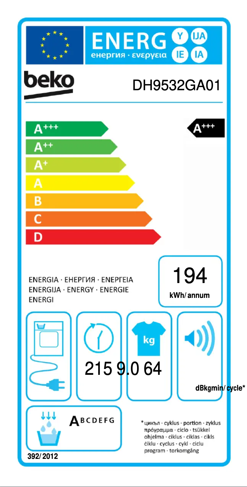 Page 1 of the manual Energy Label Beko DH9532GA01