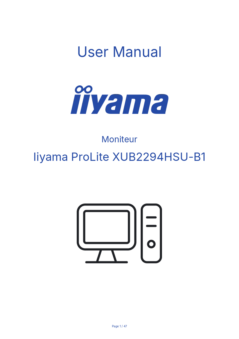 Page 1 of the manual User Manual Iiyama ProLite XUB2294HSU-B1