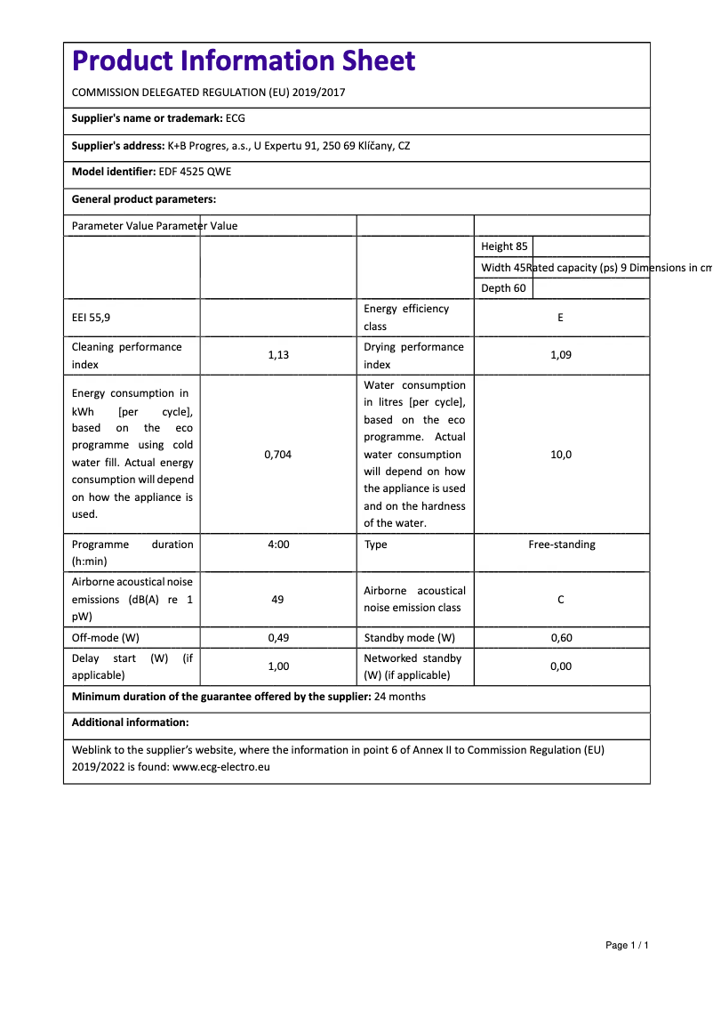 Page 1 of the manual Technical Sheet ECG EDF 4525 QWE