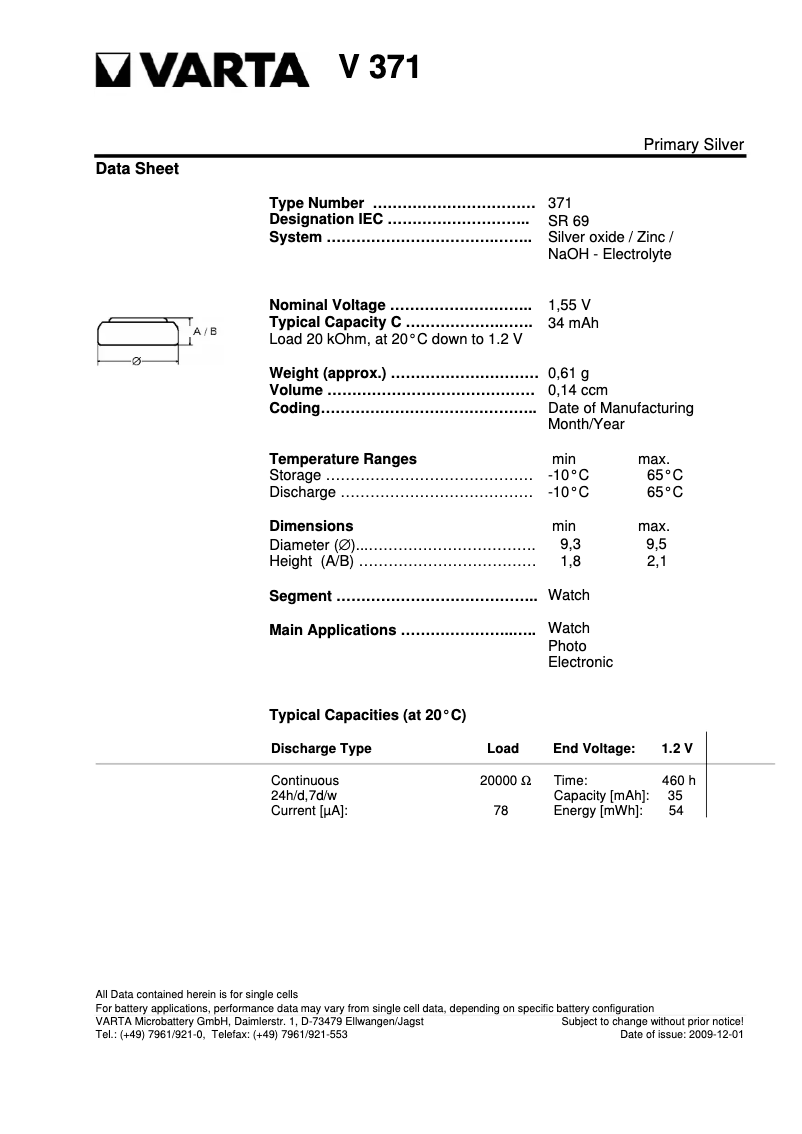 First page image of the manual for Primary Silver Button V362/SR 58