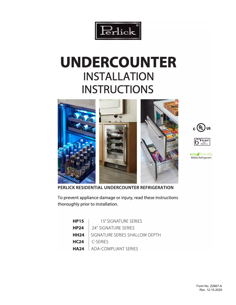 Page 1 of the manual Installation Guide Perlick HC24RB-3-1R