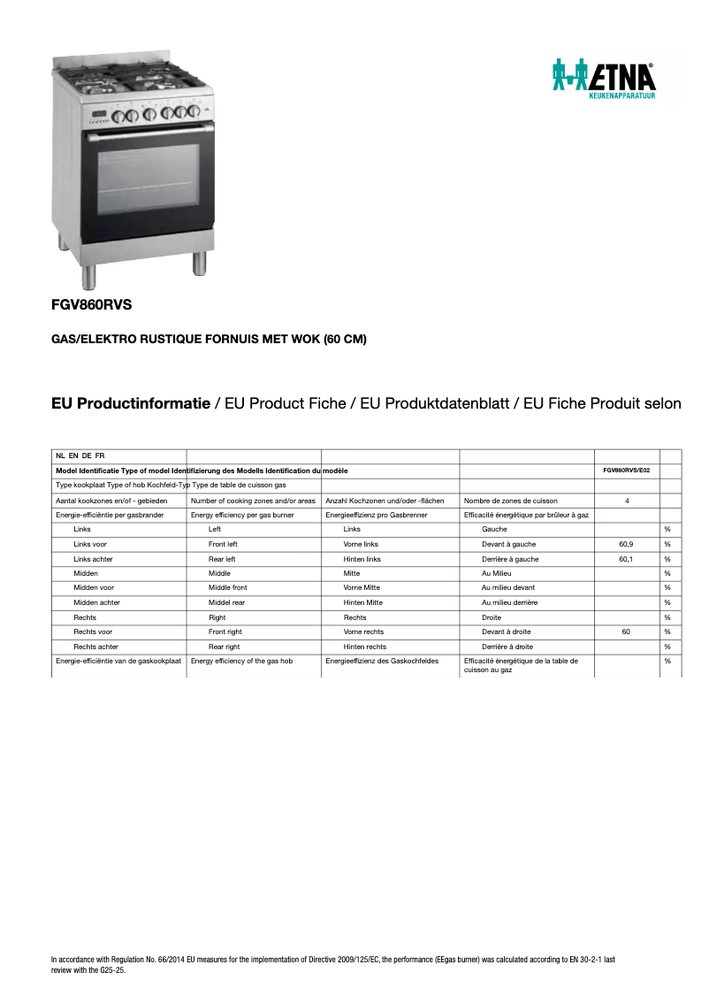 Page 1 of the manual Technical Sheet Etna FGV860RVS
