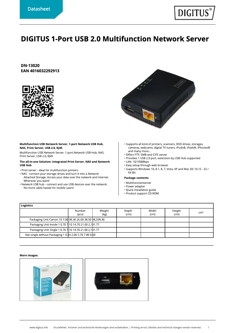 Page 1 of the manual Technical Sheet Digitus DN-13020