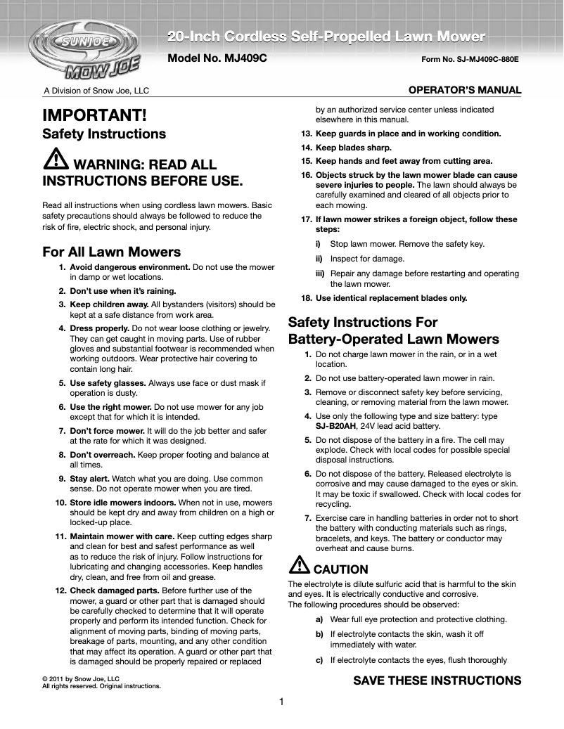 Page 1 of the manual User Manual Snow Joe Mow Joe MJ409C