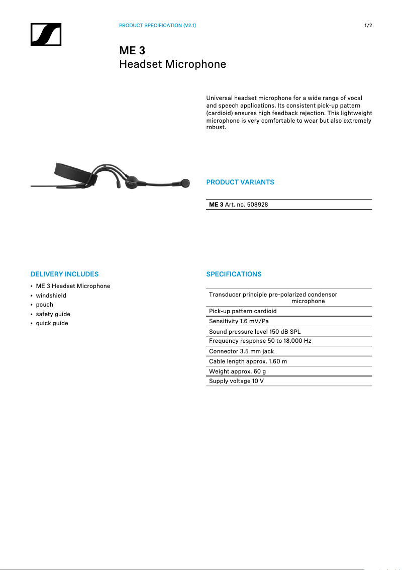 Page 1 of the manual User Manual Sennheiser ME 3