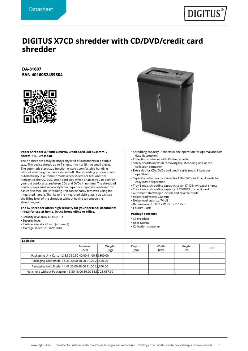 Page 1 of the manual Technical Sheet Digitus DA-81607