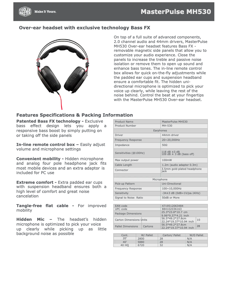 Page 1 de la notice Fiche technique Cooler Master MasterPulse MH530