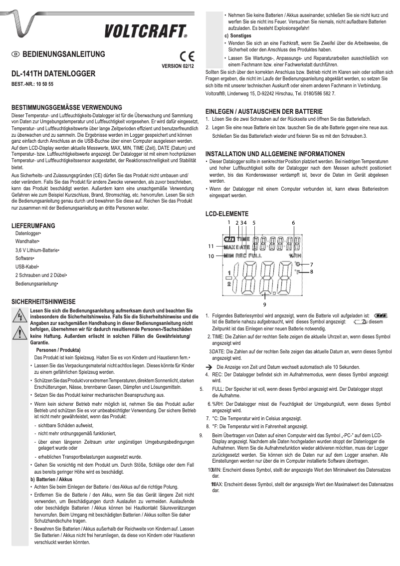 Page 1 of the manual User Manual Voltcraft DL-141TH