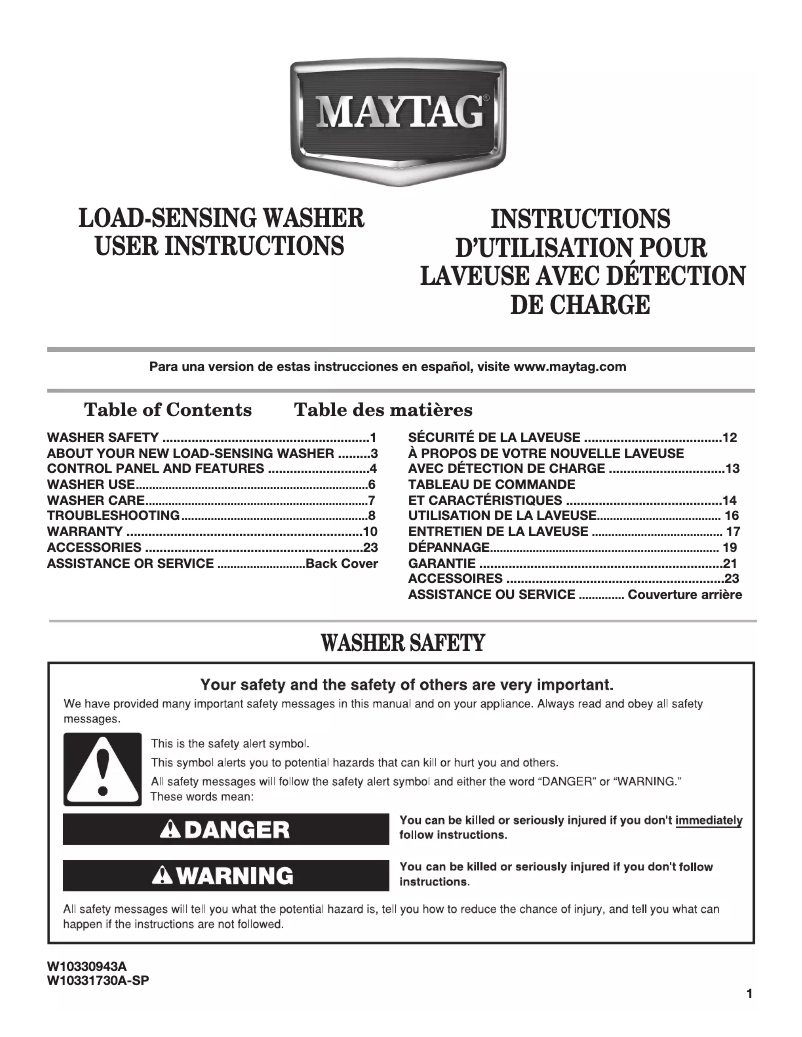 First page image of the manual for MVWC7ESWW