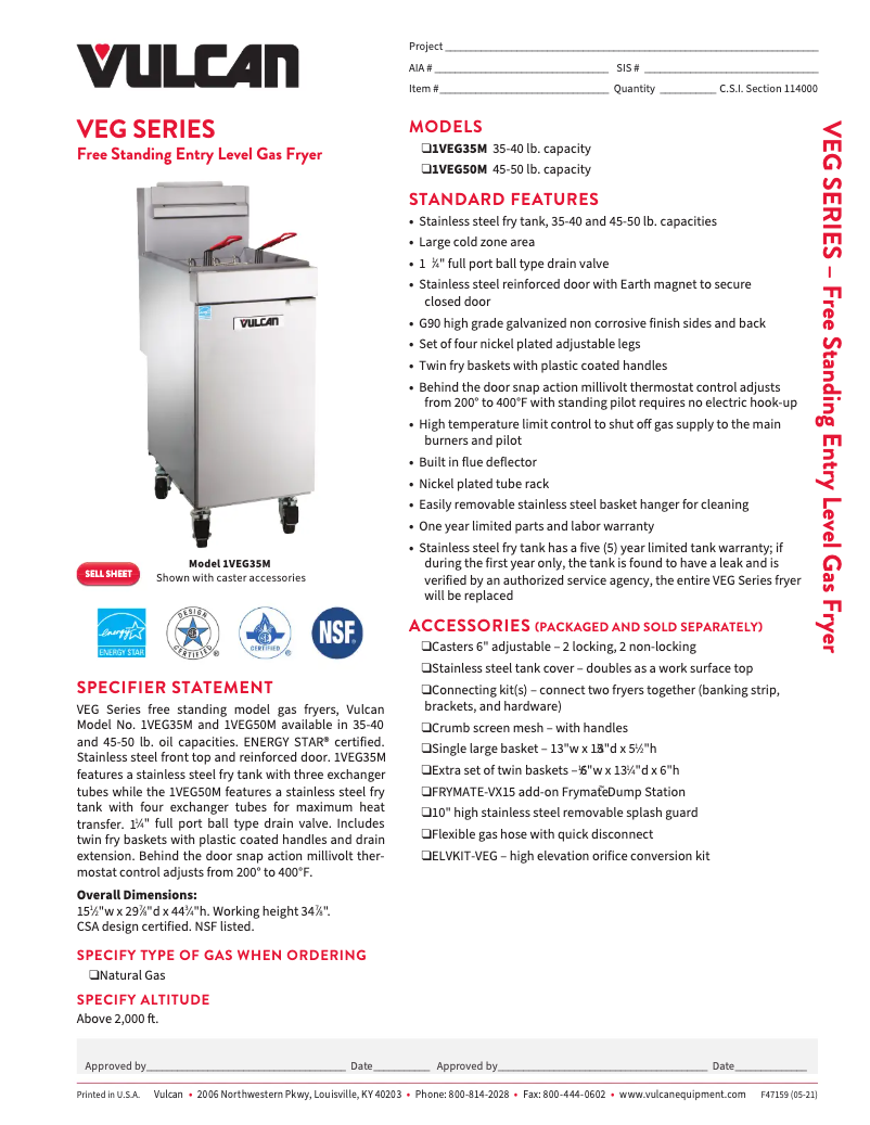 Page 1 of the manual Technical Sheet Vulcan VEG35