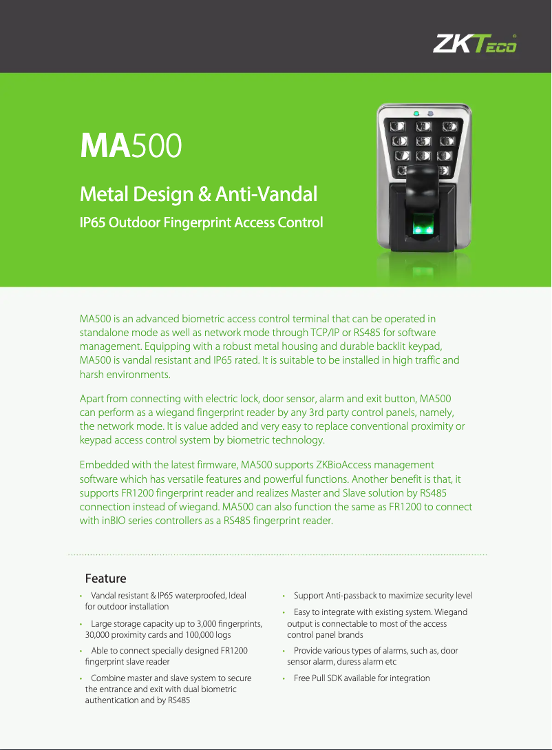 Page 1 of the manual Technical Sheet ZKTeco MA500