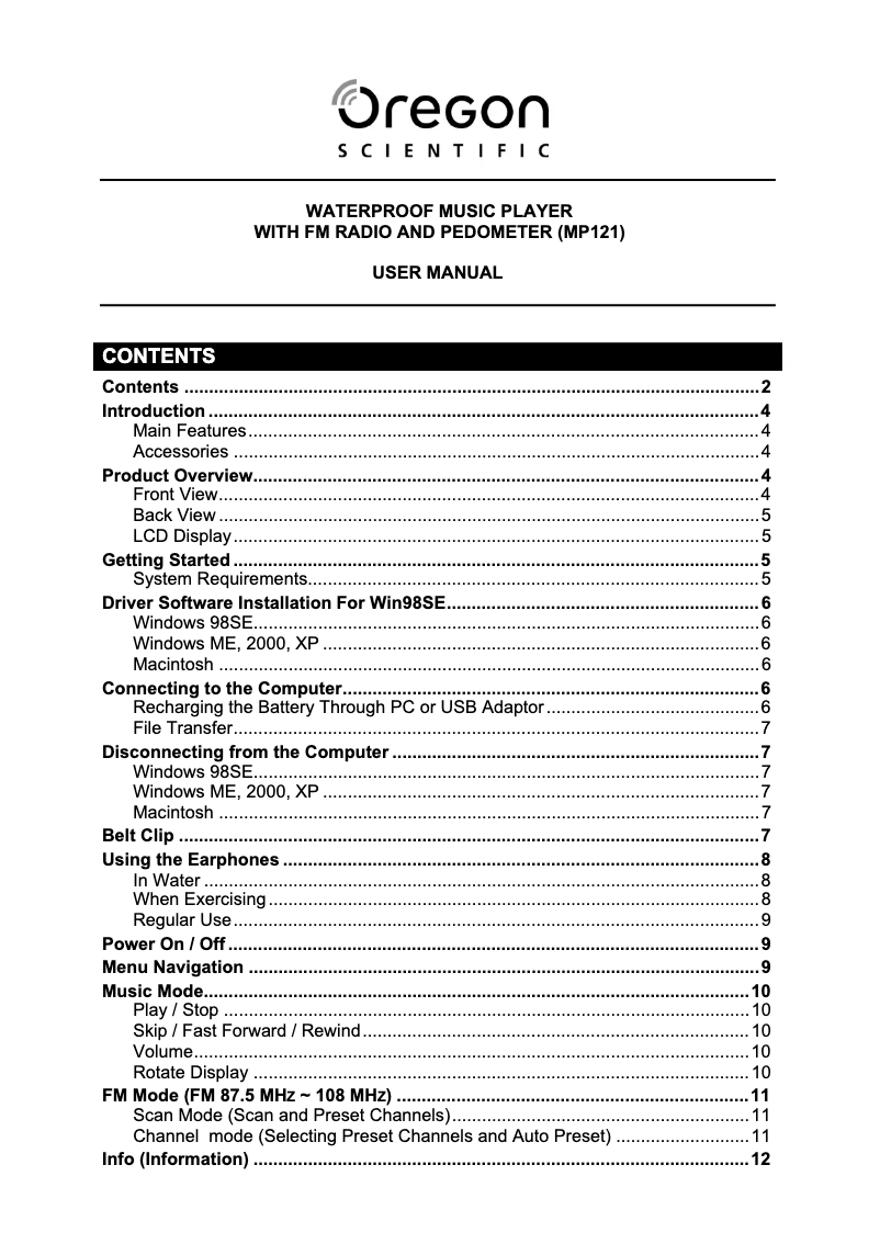 Page 1 of the manual User Manual Oregon Scientific MP121