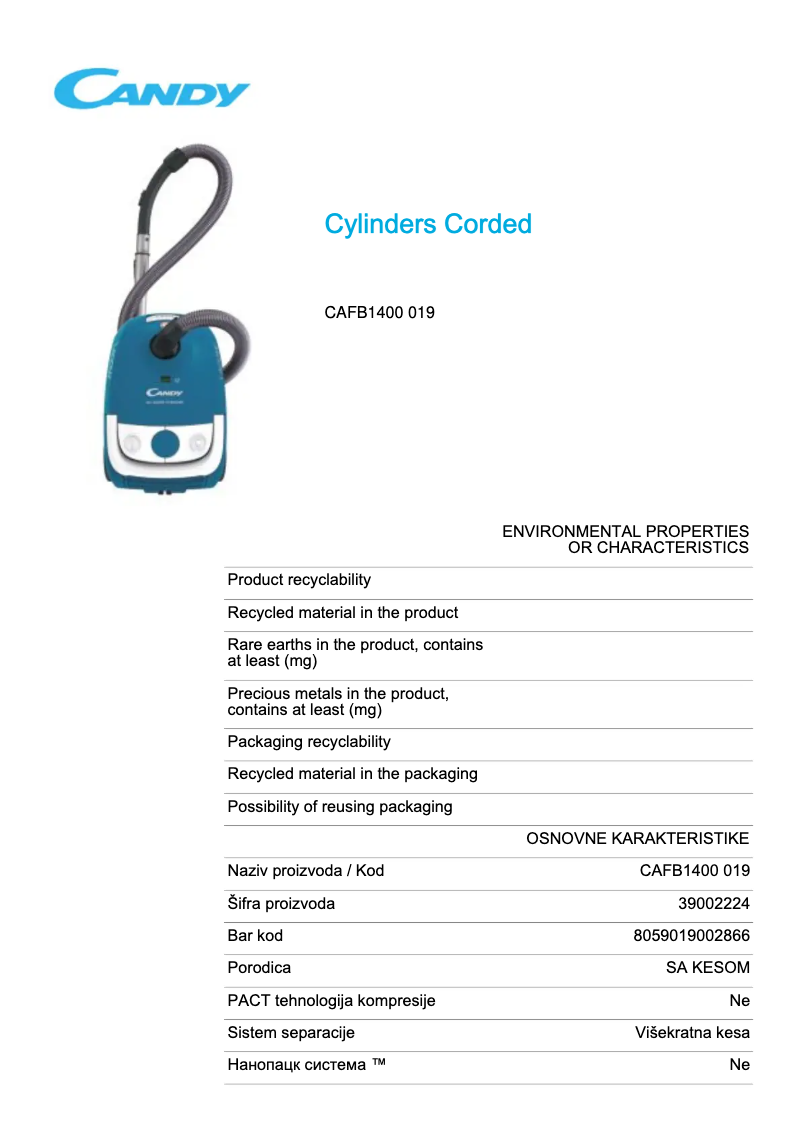 Page 1 of the manual Technical Sheet Candy CAFB1400 019
