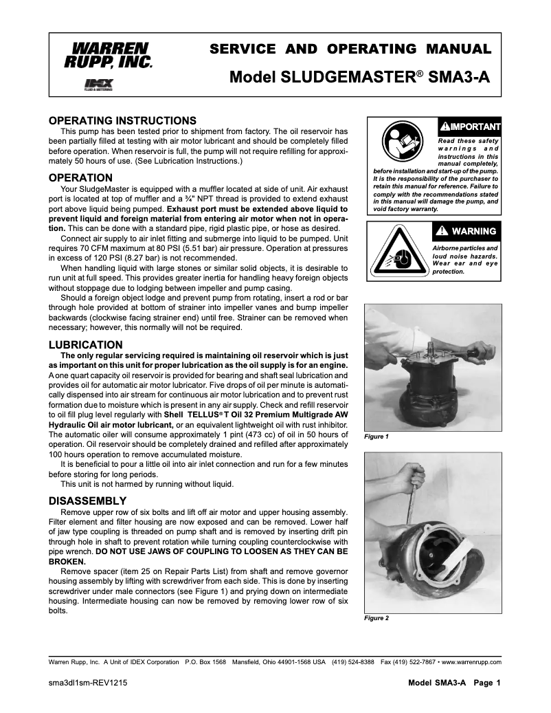 Page 1 of the manual User Manual SANDPIPER SludgeMaster SMA3-A