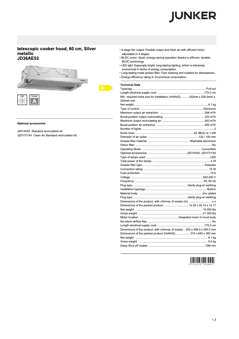Page 1 of the manual Technical Sheet Junker JD36AE52