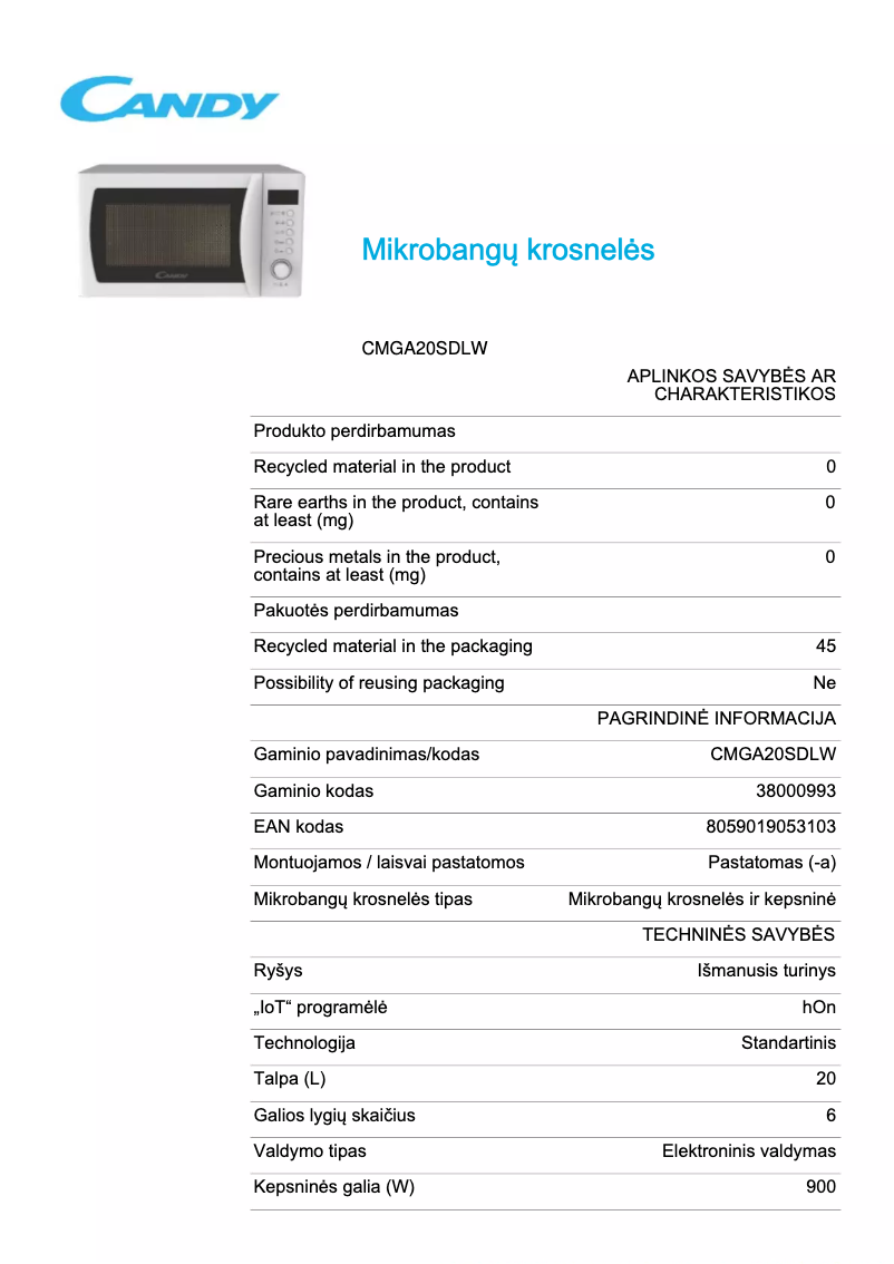 First page image of the manual for CMGA20SDLW