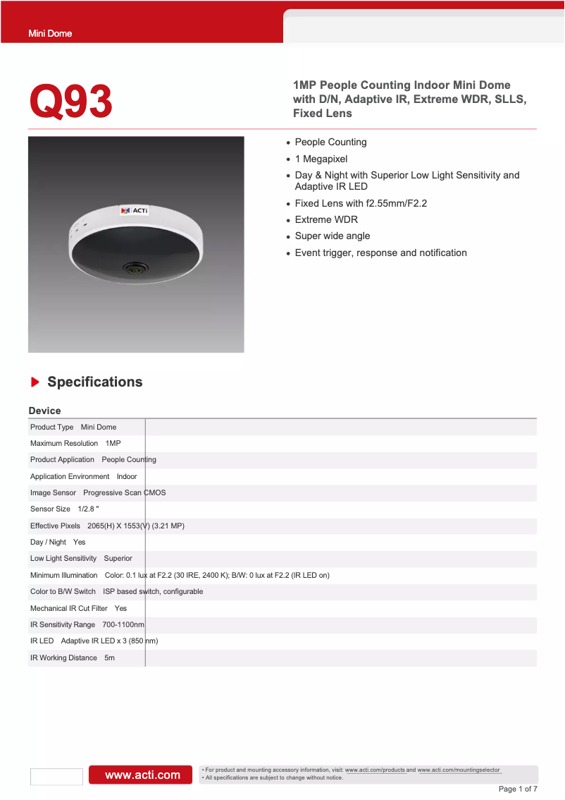 Page 1 of the manual Technical Sheet ACTi Q93