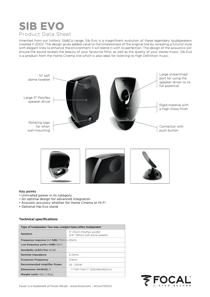 Page 1 of the manual Technical Sheet Focal Sib Evo Dolby Atmos