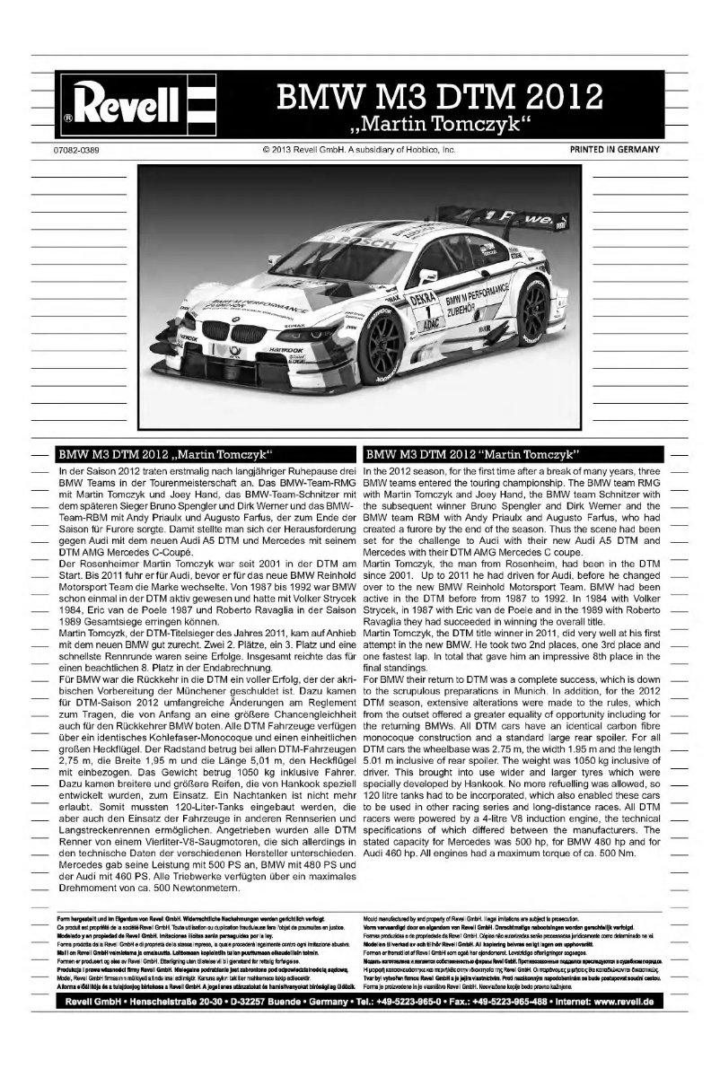 Page 1 of the manual User Manual Revell BMW M3 DTM 2012 Martin Tomzcyk