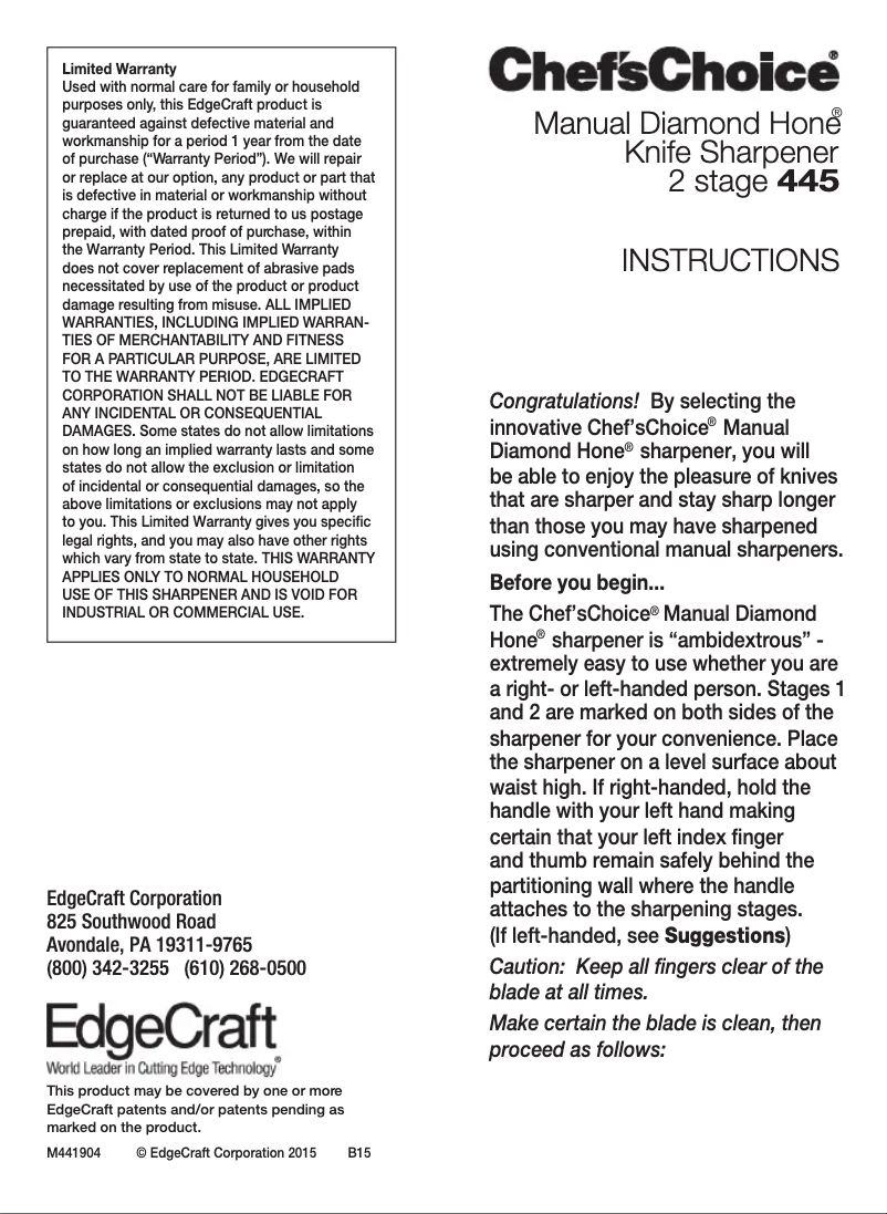 Page 1 of the manual User Manual Chef's Choice Diamond Hone 445